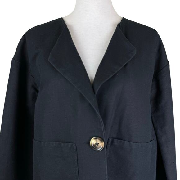 Leon & Harper Black Linen Cotton Blend Collarless Relaxed Boxy Blazer Jacket - Picture 4 of 11